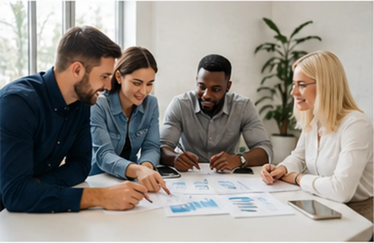 Colleagues working through documents together at a meeting table