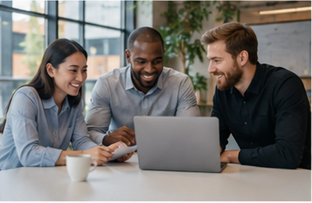 Three colleagues collaborating at a laptop