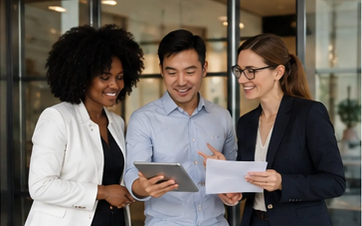 Three colleagues reviewing work together on a tablet