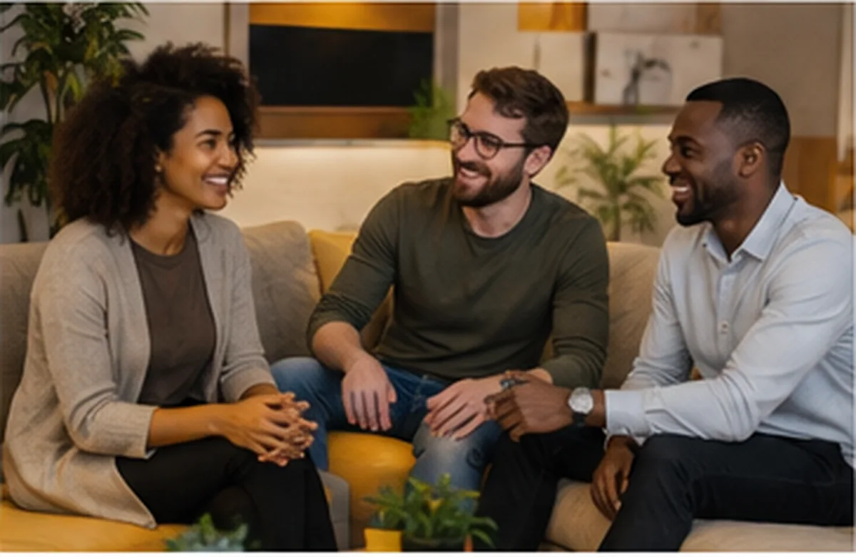 Professionals in conversation in an informal workspace